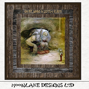 May include: A vintage illustration of a large, white-haired troll with a red hat and a small, brown-haired child standing in front of it. The troll is sitting on the ground with its legs crossed and its arms resting on its knees. The child is looking up at the troll with a curious expression. The background is a dark cave with a light shining through the entrance. The text "OH MY WHAT A LITTLE RUN!" is written above the troll.