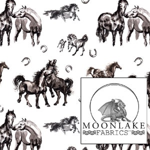 May include: White fabric with a repeating pattern of watercolor-style horses in shades of gray and black. The design includes horses in various poses, horseshoes, and a logo with a dragon and the text "MOONLAKE FABRICS".
