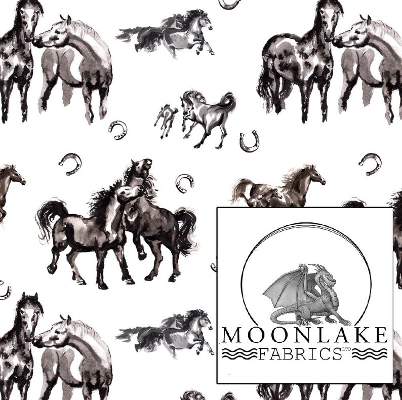 May include: White fabric with a repeating pattern of watercolor-style horses in shades of gray and black. The design includes horses in various poses, horseshoes, and a logo with a dragon and the text "MOONLAKE FABRICS".