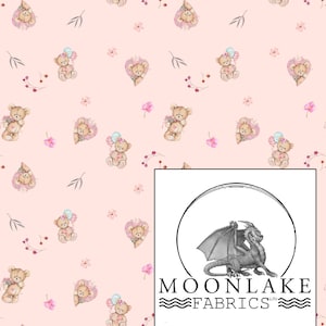 Teddy Bear repeat fabric pattern on peachy pink , Fabric 100% Cotton 130gsm -Size: 111.39cm wide (44 inches)
