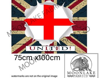 May include: Fabric with a distressed Union Jack design, torn to reveal the English flag. The word "UNITED!" is displayed. The fabric measures 75cm x 100cm. A logo for Moonlake Fabrics is in the lower right corner.