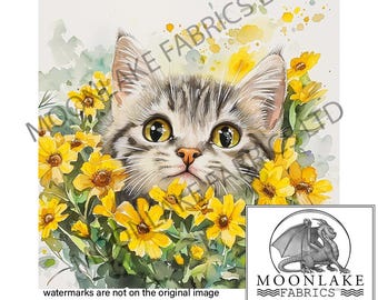 Zilveren tabby gele bloemen stoffen hobbypaneel in katoen of polyester Verschillende maten beschikbaar