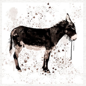 Donkey, Dark watercolour Donkey Fabric Craft Panels in 100% Cotton or Polyester