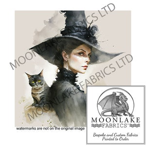 Witch With Tabby  100% Natural Cotton or 290gsm thick soft Polyester Fabric Panel Squares