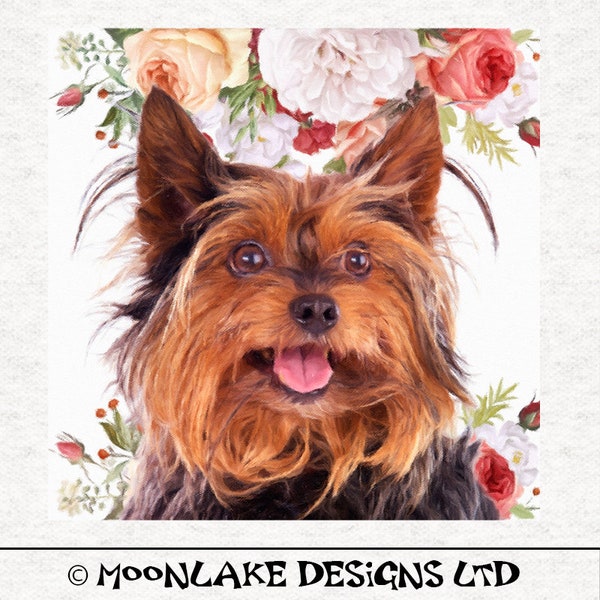 Yorkshire Terrier Dog, Watercolor Painted With Flowers.  Fabric Panel | | Sewing | Craft | Printed Fabric Panels