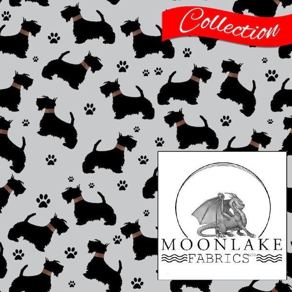 Scottish Terrier Scottie Dog Pattern, Fabric 100% Cotton 130gsm Poplin - Size: 111.39cm wide (44 inches)