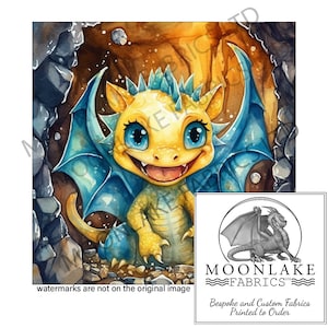 May include: A yellow and blue baby dragon with large blue eyes and a wide open mouth, smiling. The dragon is in a cave with brown rocks and a light brown background.