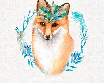 Fox With Feather and  leaves, blue and greens -Fabric Craft Panels 100% Cotton or Polyester