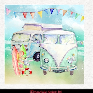 Camper Van&#39;s And Seagulls Fabric Craft Panels in 100% Cotton or Polyester