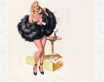 Vintage Pin-Up-Girl, Hat box,   On The Telephone | | Sewing | Craft | Printed Fabric Panels -  100% polyester washable