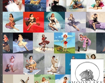 Tkanina w stylu vintage retro pin up girls, 100% wysokiej jakości bawełniana popelina *Ekskluzywna* - Rozmiar: 111,39 cm szerokości (44 cale)