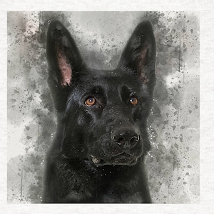 Black Alsatian _ German Shepherd, Watercolour splatter Craft Panels in 100% Cotton or Polyester
