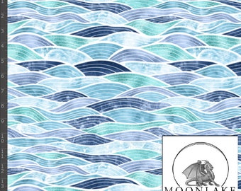 Tela popelina de algodón 100 % de calidad con estampado de olas de Blue Seas - Tamaño: 111,39 cm de ancho (44 pulgadas)