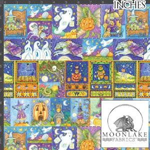 Può includere: Un tessuto colorato a tema Halloween con una varietà di immagini tra cui fantasmi, zucche, streghe, gatti e scheletri. Il tessuto è stampato con un motivo ripetitivo e include il testo "Moonlake Fabrics".
