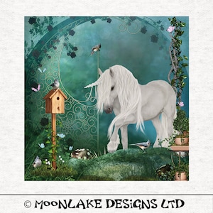 Einhorn Kunst, der Frühling Hain Einhorn, Fantasy-Kunst-Stoff.   Stoff Handwerk Panels aus 100% Baumwolle oder Polyester