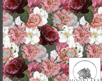 May include: Floral fabric featuring large roses and peonies in burgundy, pink, and white against a muted green backdrop. The image includes the text "INCHES" at the top and a Moonlake Fabrics logo. The pattern is approximately 15 inches wide.