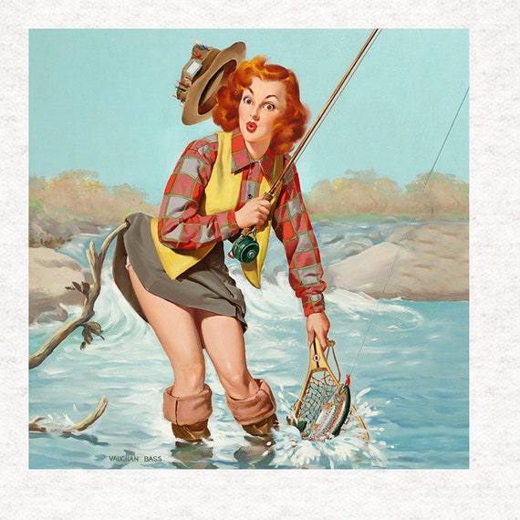 Vintage Pin-Up-Girl, Fishing. Fabric Panel | | Sewing | Craft | Printed  Fabric Panels - 100% polyester washable