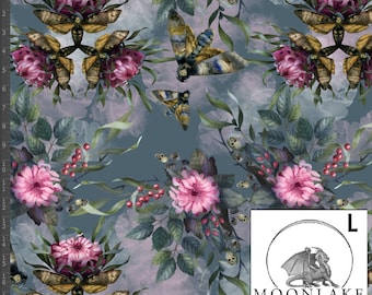Gothic Moths Skulls and Flowers 100% Quality Cotton Poplin Fabric *Exclusive* Size: 111.39cm wide (44 inches)