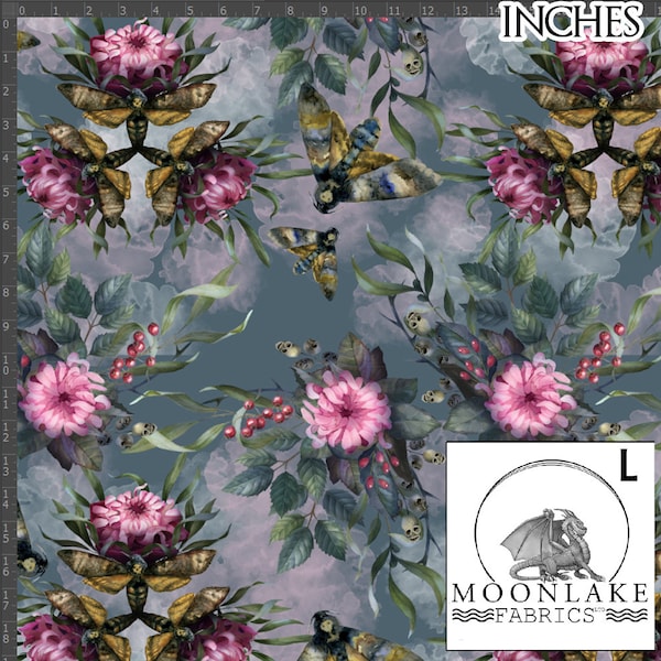 Gothic Moths Skulls and Flowers 100% Quality Cotton Poplin Fabric *Exclusive* Size: 111.39cm wide (44 inches)