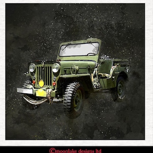 May include: A green military jeep with a black background. The jeep has a spare tire on the back and a rope tied to the front bumper.