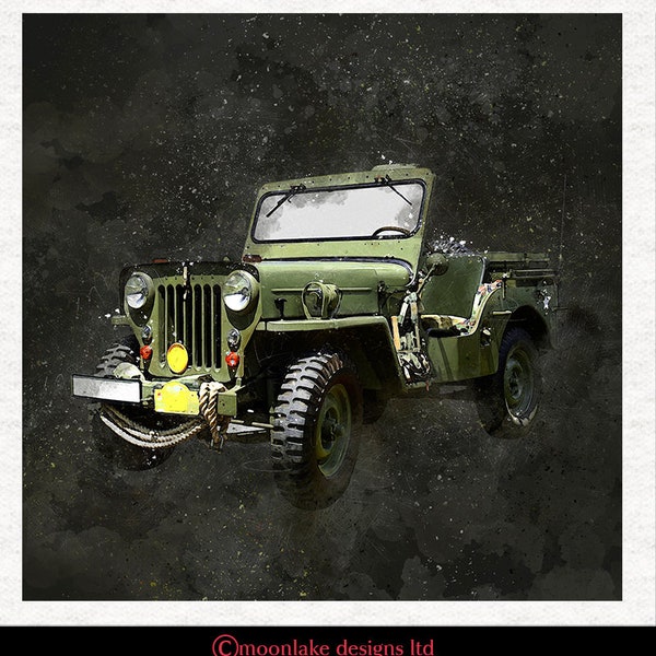 Willys Jeep . Watercolour Grunge splatter . Fabric Panel | Upholstery | Sewing |Fabric Craft Panels in 100% Cotton or Polyester