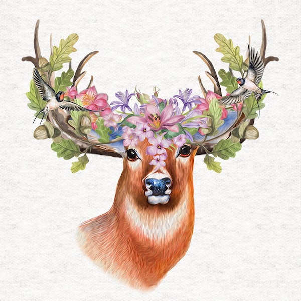 Forest Deer With Floral And Acorn Antlers with Swifts |Fabric Craft Panels 100% Cotton or Polyester