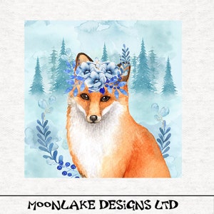 Fox woodland scenery, in blues - Fabric Craft Panels in 100% Cotton or Polyester