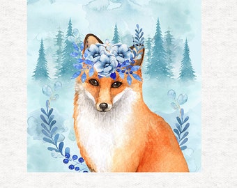 Fox woodland scenery, in blues - Fabric Craft Panels in 100% Cotton or Polyester