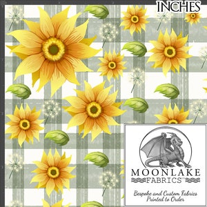 Sunflowers Ditsy on a Sage Green Gingham Effect Fabric 100% Cotton 130gsm Poplin