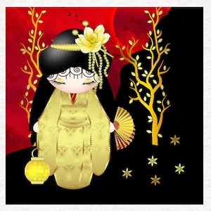 Kokeshi Doll, Gold and red,  Fabric Craft Panels in 100% Cotton or Polyester