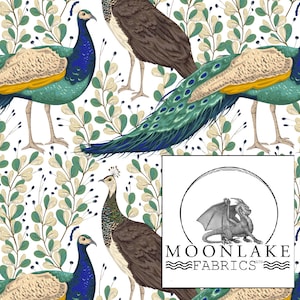Peacocks, Large Peacock Repeat Pattern Fabric 100% Cotton 130gsm Poplin