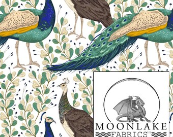 Pavoni, grande tessuto con motivo ripetuto di pavoni, 100% cotone, 130 g/m², popeline