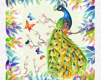 Peacock Print with butterflies Fabric Craft Panels 100% Cotton or Polyester