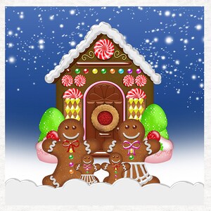 May include: A gingerbread house decorated with candy canes, gumdrops, and sprinkles sits against a snowy backdrop. Four gingerbread people stand in front of the house, smiling and holding candy canes.