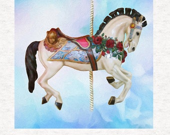 Carousel Horse Watercolor, Blue Background - Fabric Craft Panels in 100% Cotton or Polyester