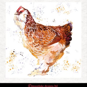 May include: Watercolour painting of a brown and white chicken with a red comb. The chicken is standing on a white background with yellow and purple splatter paint.