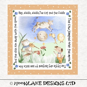 May include: A watercolor illustration of a nursery rhyme with the text "Hey, diddle, diddle, The cat and the fiddle. The little dog laughed to see such fun. The cow jumped over the moon. And the dish ran away with the spoon." The illustration features a cat playing a fiddle, a dog, a cow jumping over a moon, and a dish running away with a spoon.