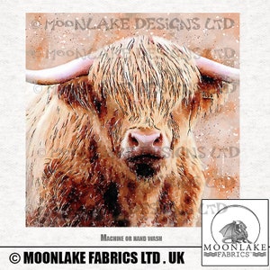 Highland Cow Watercolor Fabric Craft Panels in 100% Cotton or Polyester