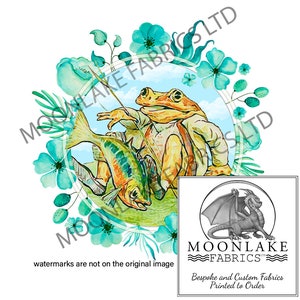 May include: A watercolor illustration of a frog fishing with a fishing rod. The frog is sitting on a green grassy bank with a blue sky in the background. The frog is wearing a brown vest and has a green hat on. The frog is holding a fishing rod with a line and hook. The frog is looking at the fish that is on the hook. The fish is a colorful fish with orange, yellow, and green scales. The fish is swimming in the water. The illustration is surrounded by a wreath of green leaves and blue flowers.