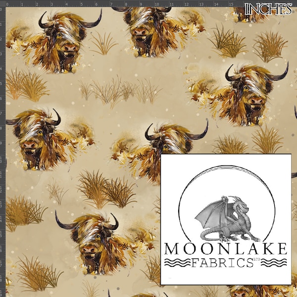 Highland Cow repeat pattern , Fabric 100% Cotton 130gsm Poplin - (brown cow)