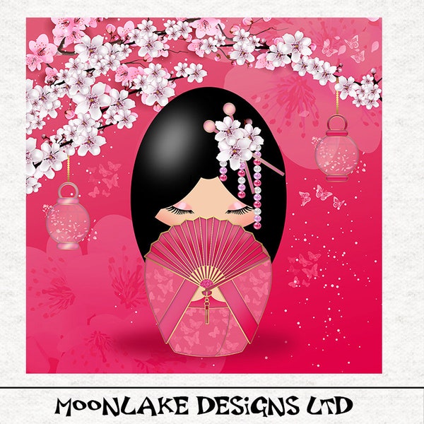 Kokeshi Doll, rose, Fleur de cerisier. Panneaux d’artisanat en tissu 100% coton ou polyester