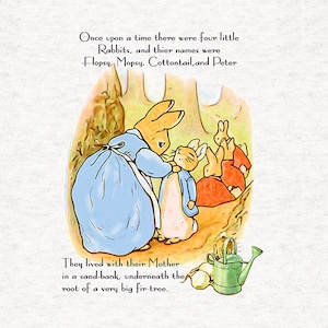 Puede incluir: Ilustración de un libro infantil que representa a una madre coneja con un vestido azul y sus cuatro hijos. El texto dice: «Érase una vez cuatro conejitos...» Una regadera verde y cebollas están en primer plano.