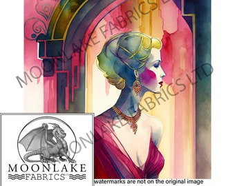 Art Deco Female Watercolor in a Red Raspberry Dress 100% Natural Cotton or 290gsm thick soft Polyester Fabric Panel Squares