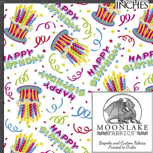 Happy Birthday Cake and Words 100% Cotton 130gsm Sewing Fabric - Size: 111.39cm wide (44 inches)