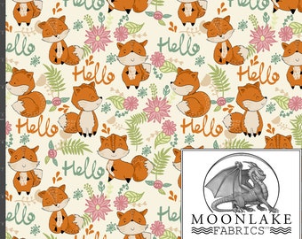 Fox Hello Repeat Pattern 100% Cotton 130gsm Sewing Fabric -  Size: 111.39cm wide (44 inches)