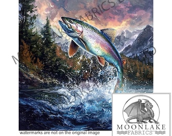 Regenbogen Forelle mit Landschaft Stoff Handwerk Panels 100% Baumwolle oder Polyester