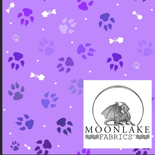 Cat Paw Prints In Purple blends and Fish Bones 100% Cotton 130gsm Poplin