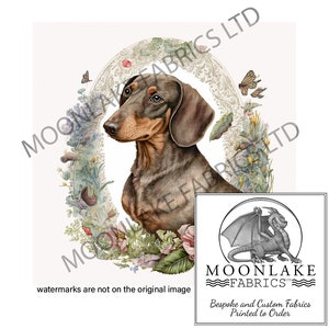 Dachshund Floral Frame 100% Natural Cotton or 290gsm thick soft Polyester Fabric Panel Squares