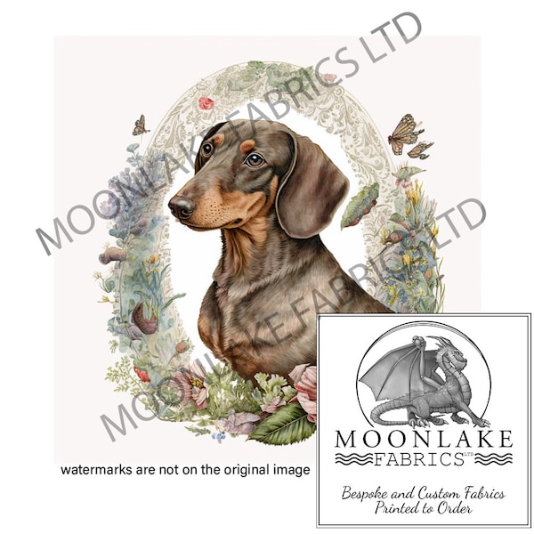 Dachshund Floral Frame 100% Natural Cotton or 290gsm thick soft Polyester Fabric Panel Squares