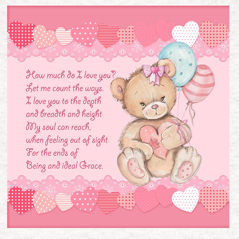 Valentine's Day Teddy Bear With Poem by Browning. Fabric Etsy
